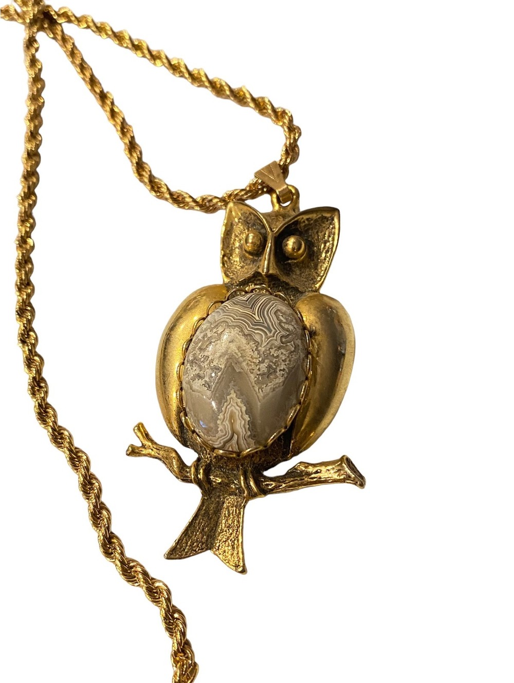 Vintage 1970s 32” Brown Polished Agate Stone Cabochon Owl Pendant Necklace B26